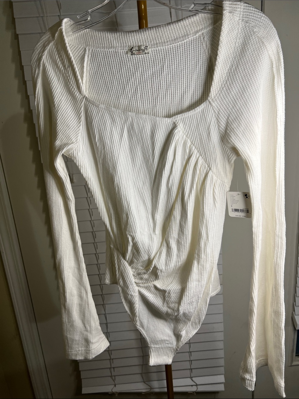 Free People Cream Ribbed Long-Sleeve Square-Neck Bodysuit